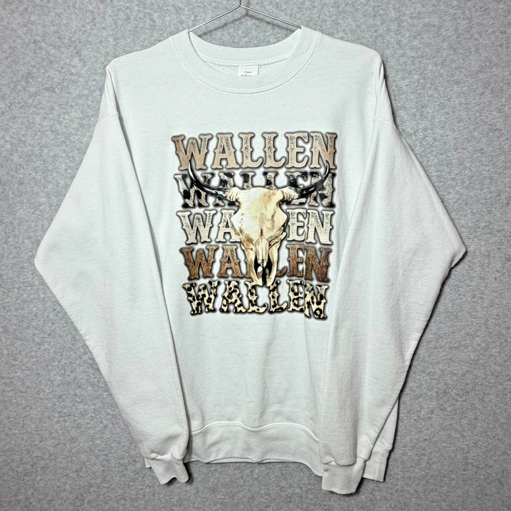 Morgan Wallen Graphic Sweatshirt Adult M White Cow Skull Western Hanes Crewneck
